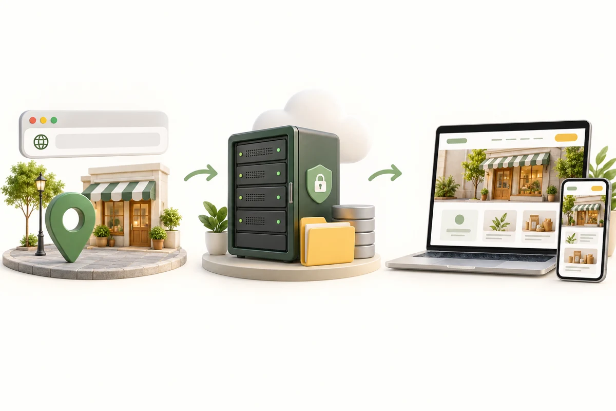 An address sign, a server and a business website on laptop and phone, showing the three parts of getting a website online