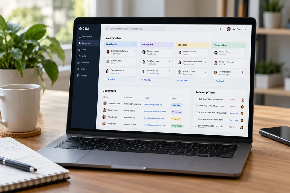 Illustrative CRM dashboard with customer contacts and sales pipeline