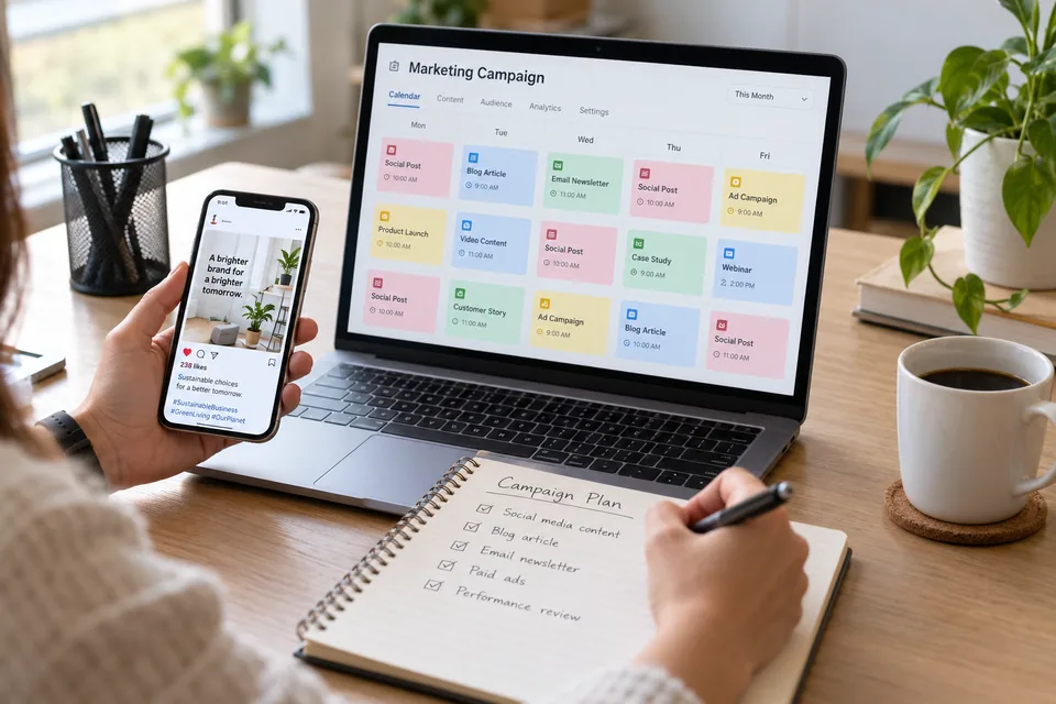 Illustrative campaign planning calendar and social media content