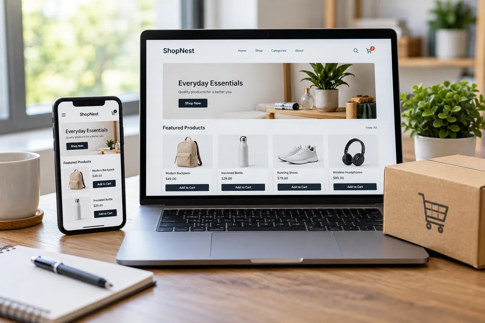 Illustrative online store and shopping cart on laptop and phone