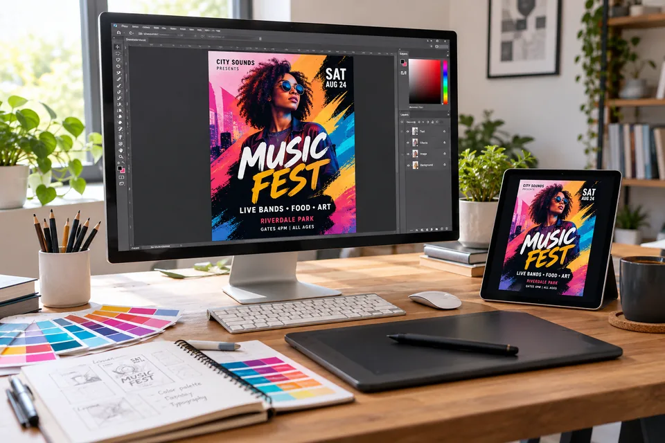 Illustrative digital flyer design in graphic design software