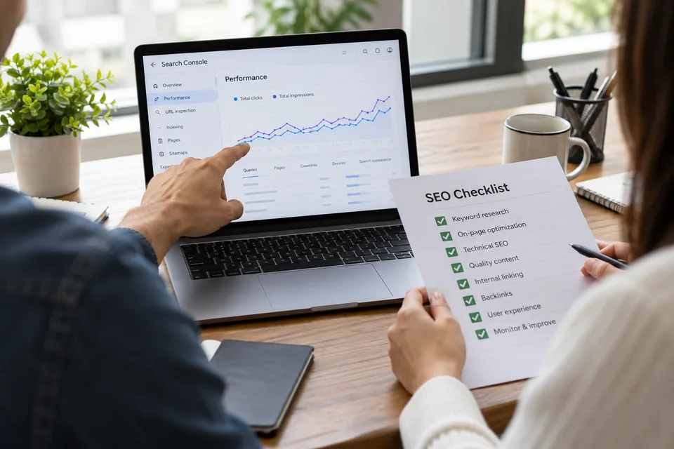 Illustrative personal SEO consultation reviewing a website checklist