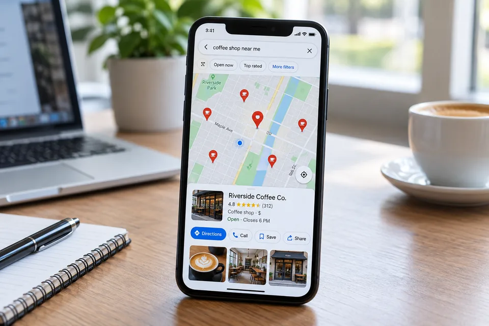 Illustrative phone map showing nearby business locations