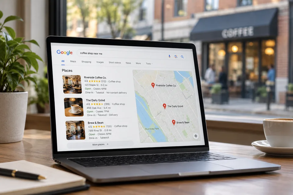 Illustrative local business search results with nearby shops and a map