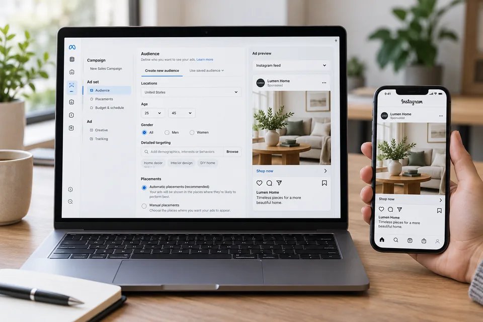 Illustrative social media ad editor with campaign creative and audience controls