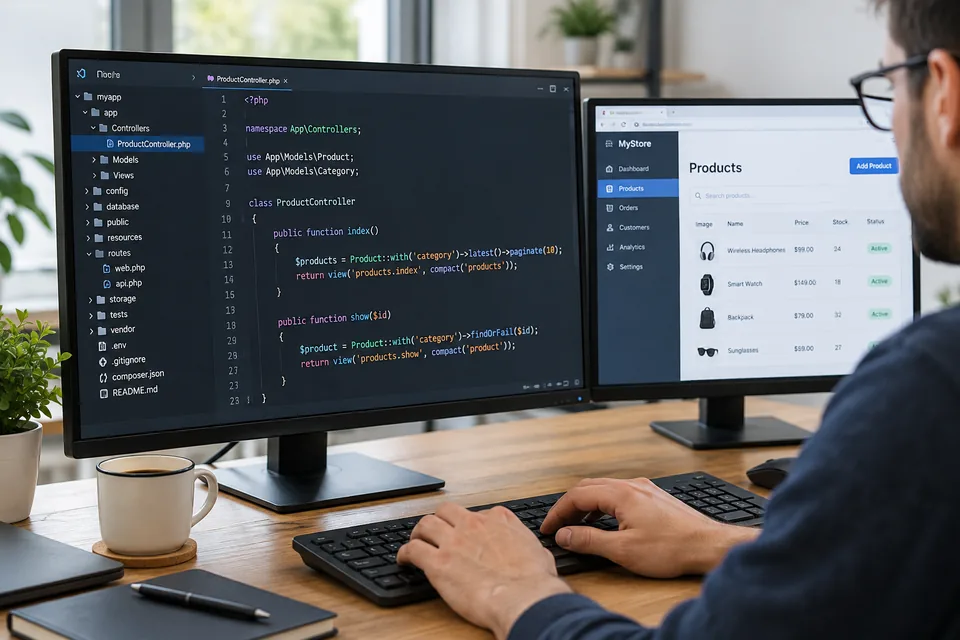 Illustrative PHP code editor at a developer workstation
