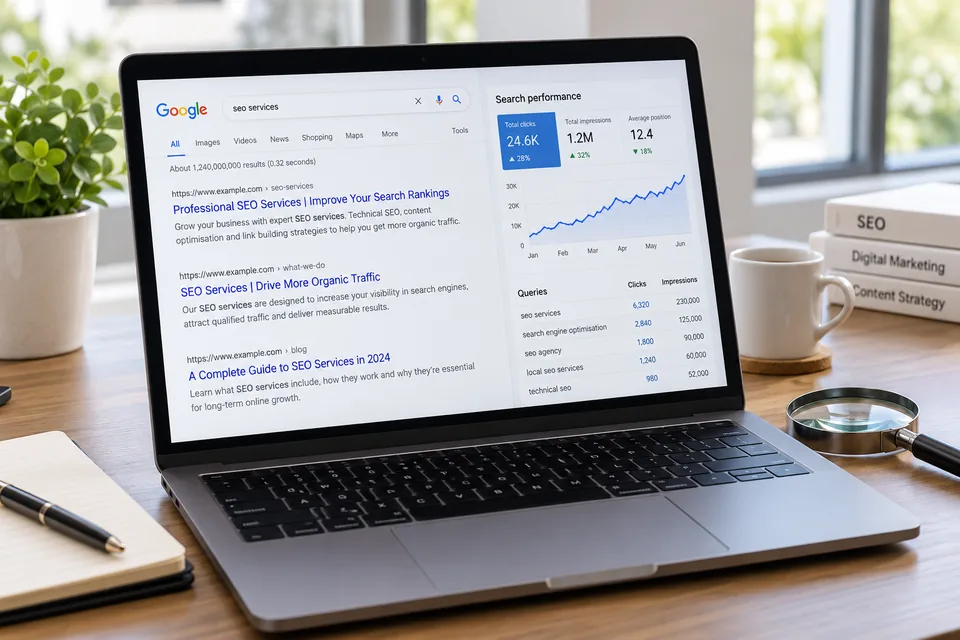 Illustrative laptop showing search results and SEO analytics