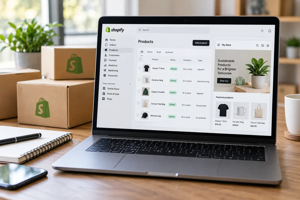 Illustrative Shopify dashboard with store products and inventory