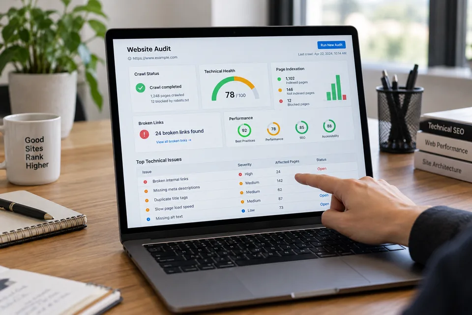 Illustrative website audit showing crawl issues and performance checks
