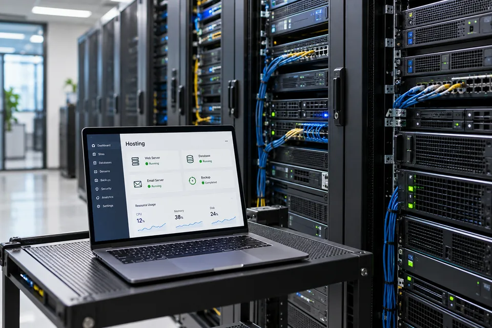 Illustrative server racks with a hosting control panel