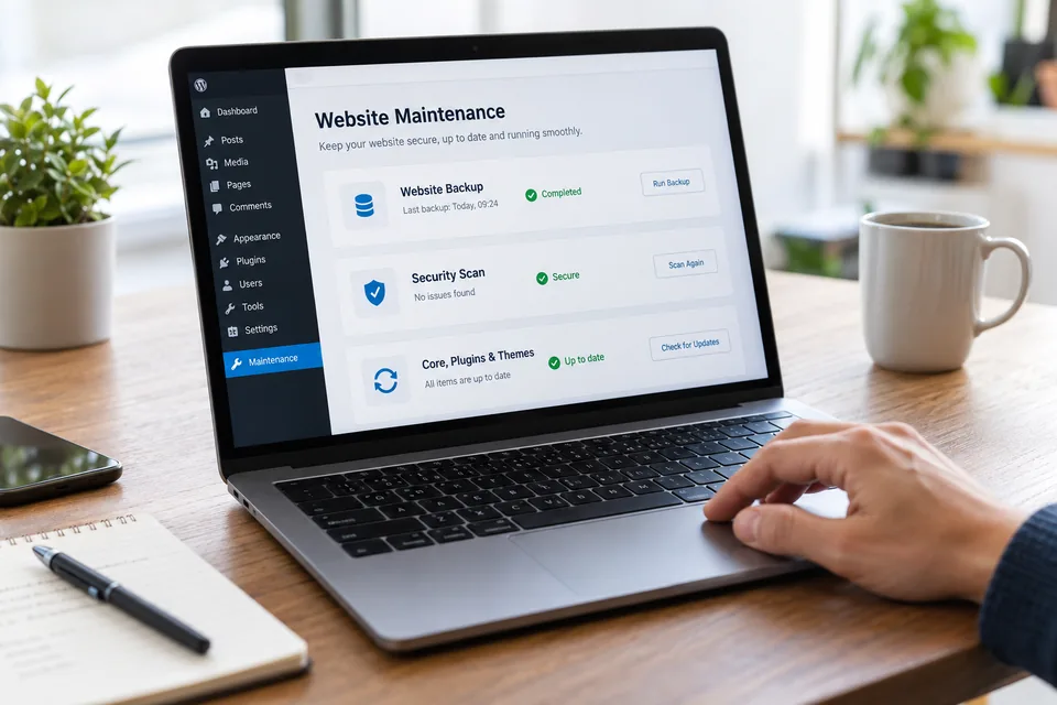 Illustrative website maintenance checklist with backups and updates
