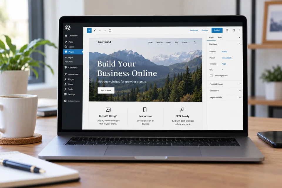 Illustrative WordPress editor displaying a business website